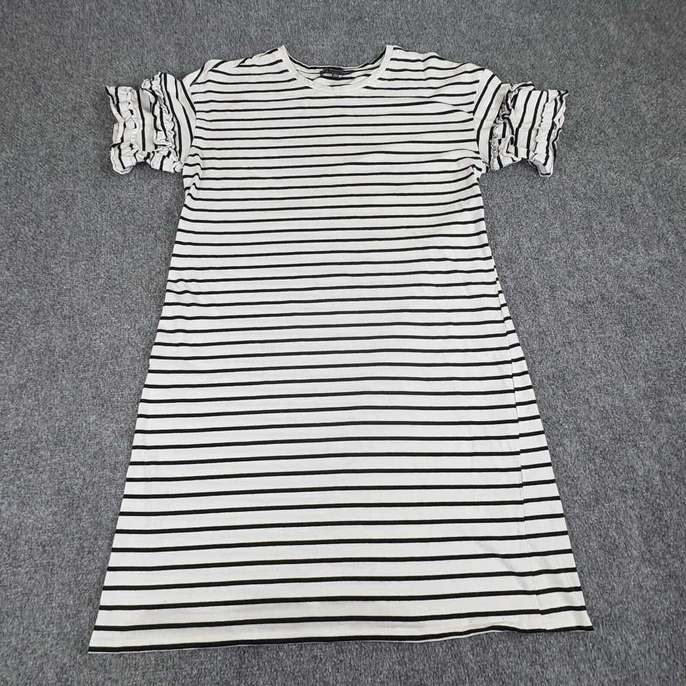 Adrianna Papell Dress Large White Black Striped Ruffle Sleeve Shirt Beach Coast